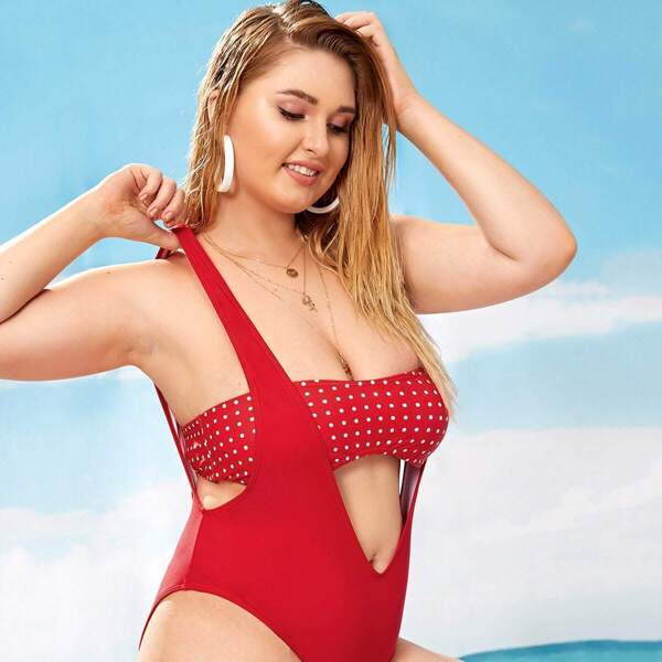 

Plus Polka Dot Bandeau With Suspender Bikini, Red