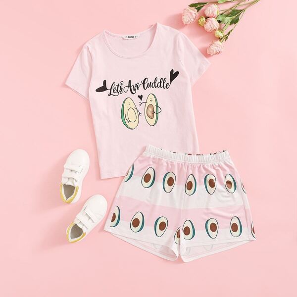 

Girls Letter & Fruit Print Tee & Shorts PJ Set