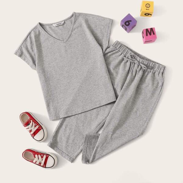 

Girls V Neck Tee & Drawstring Waist Pants Set, Grey