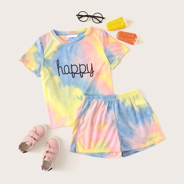 

Girls Letter Print Tie Dye Tee & Shorts Set