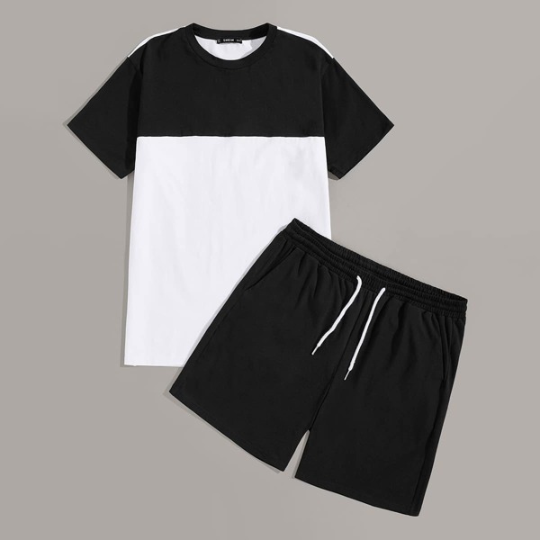 

Men Color-block Tee & Drawstring Waist Shorts Set