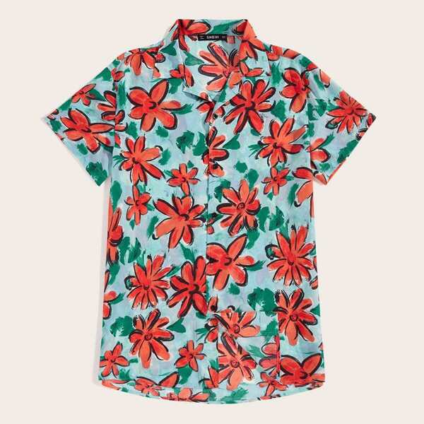 

Men Flower Print Revere Collar Shirt