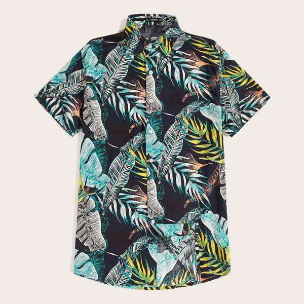 

Men Curved Hem Jungle Leaf Print Aloha Shirt