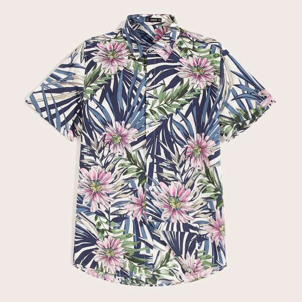 

Men Tropical Print Button Up Hawaiian Shirt