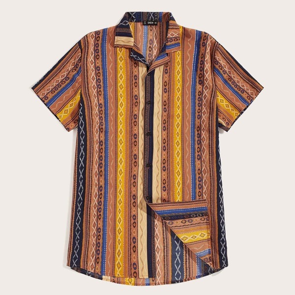 

Men Aztec Print Curved Hem Shirt