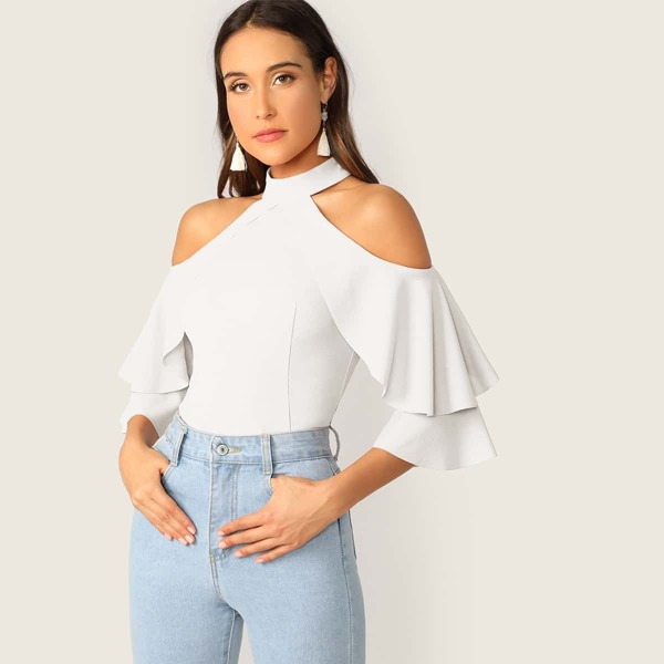 

Cold Shoulder Layered Sleeve Top, White