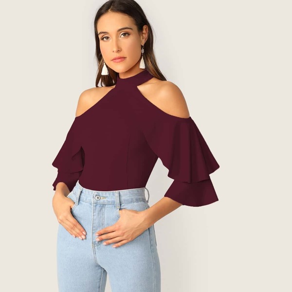 

Cold Shoulder Layered Sleeve Top, Burgundy