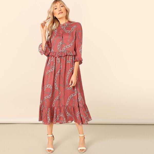 

Polka-dot & Chain Print Flounce Hem Dress, Red