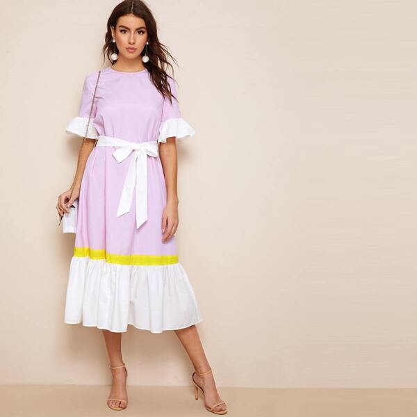

Ruffle Hem Colorblock Belted Striped Dress, Multicolor