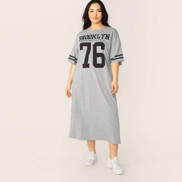 

Plus Striped & Letter Print Tunic Tee Dress