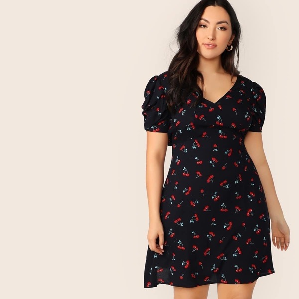 

Plus Cherry Print Backless Dress, Black