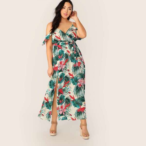 

Plus Cold Shoulder Ruffle Trim Wrap Belted Split Thigh Dress, Multicolor