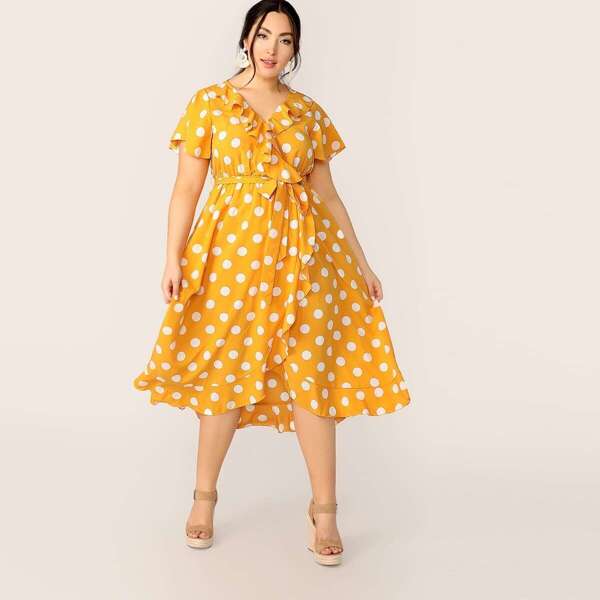 

Plus Polka Dot Ruffle Trim Belted Dress, Yellow