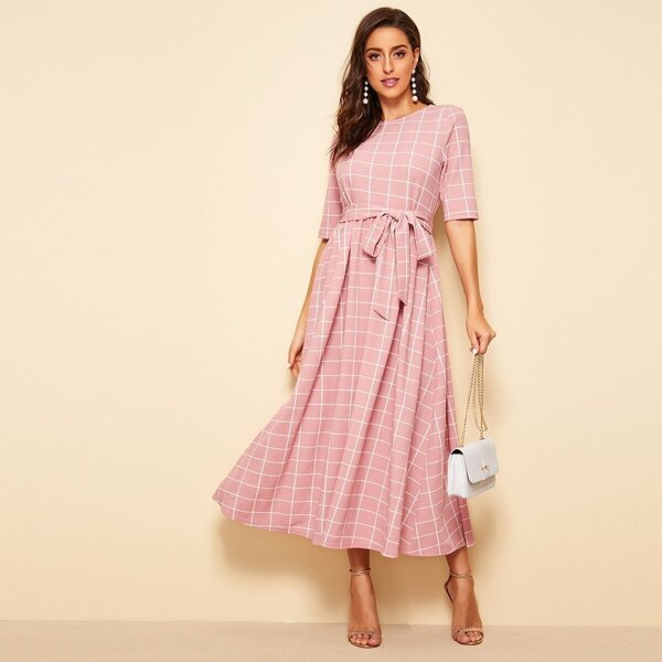 

High Waist Belted Grid Dress, Pink