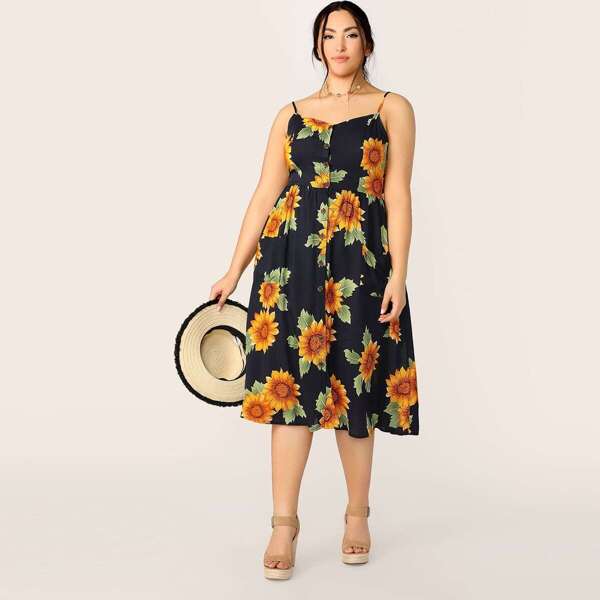 

Plus Floral Print Shirred Back Cami Tea Dress, Multicolor