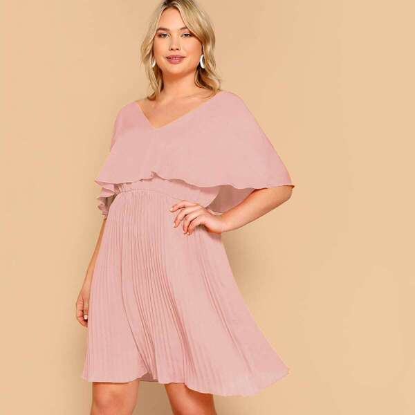 

Plus Cloak Sleeve Pleated Dress, Pink