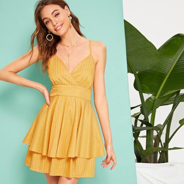 

High Waist Knot Crisscross Back Layered Ruffle Hem Dress, Yellow