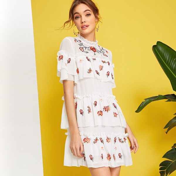 

Layered Ruffle Detail Embroidery Floral Chiffon Dress, White