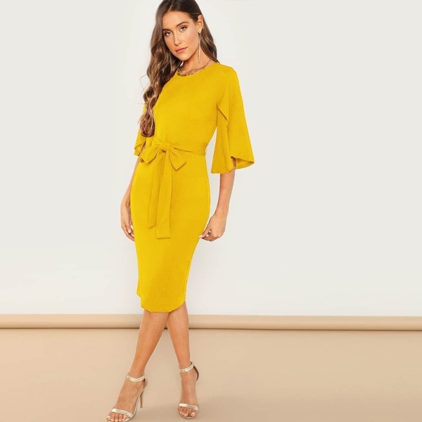 

Split Sleeve Belted Pencil Dress