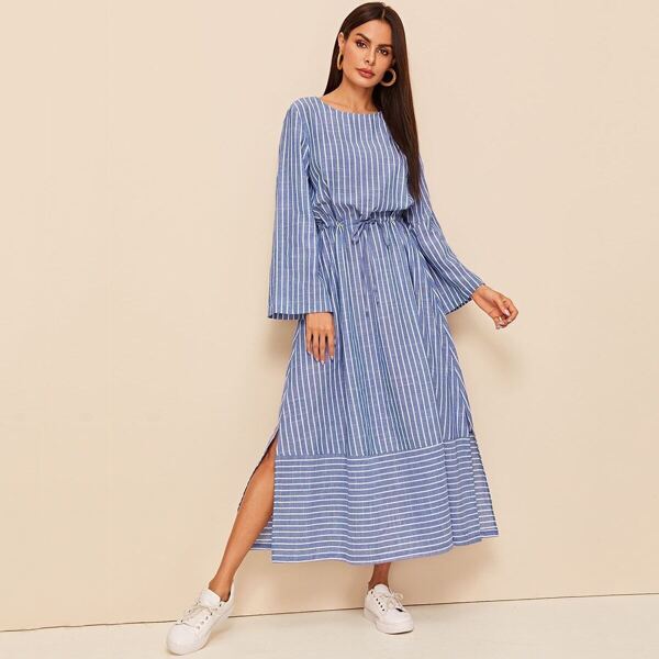 

Drawstring Waist Slit Side Striped Dress, Blue