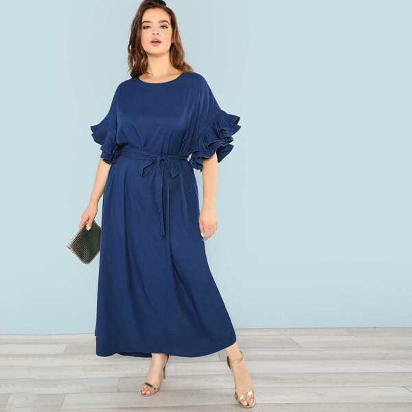

Plus Layered Pleated Cuff Belted Dress