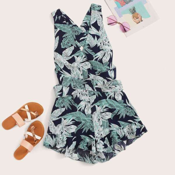 

Jungle Leaf Flounce Hem Knotted Romper, Multicolor