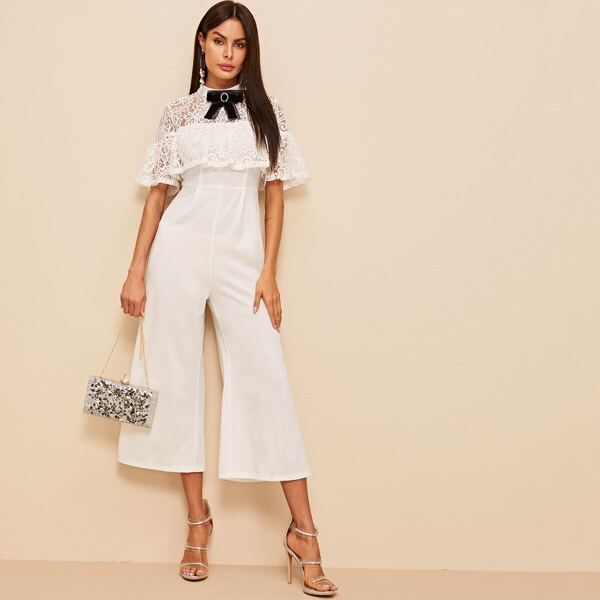 

Bow Detail Lace Bodice Ruffle Foldover Palazzo Jumpsuit, White