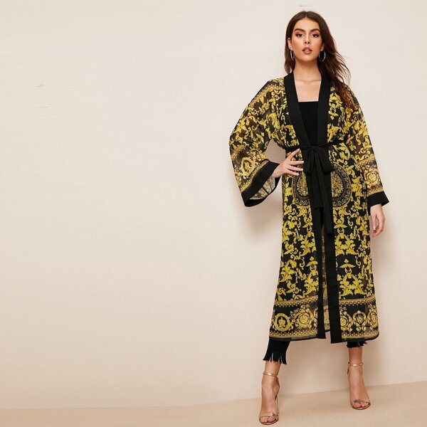 

Scroll Print Belted Longline Kimono, Multicolor