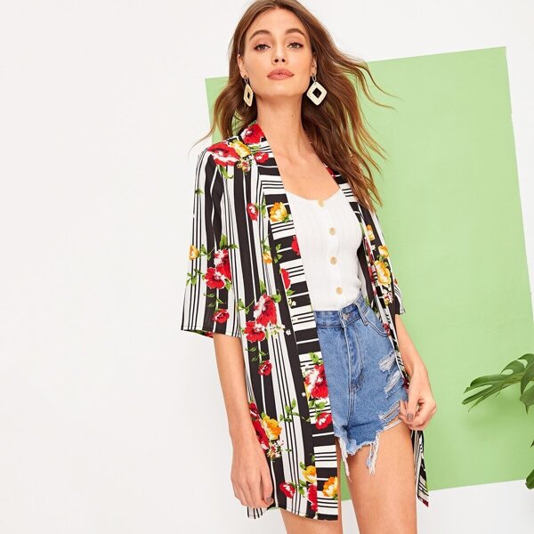 

Floral & Striped Print Kimono