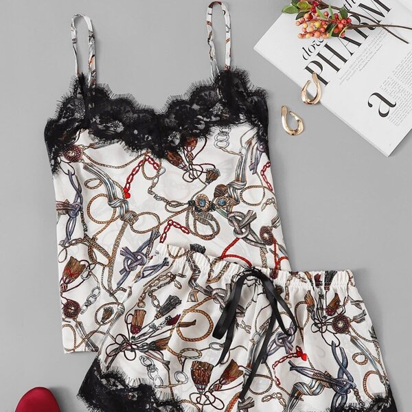 

Plus Lace Trim Chain Print Cami & Shorts PJ Set, Multicolor