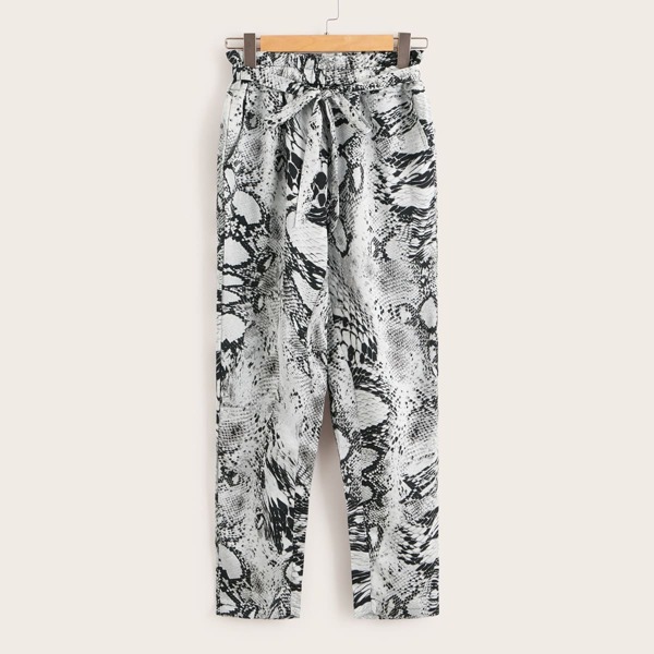 

Paperbag Waist Snakeskin Print Pants, Multicolor