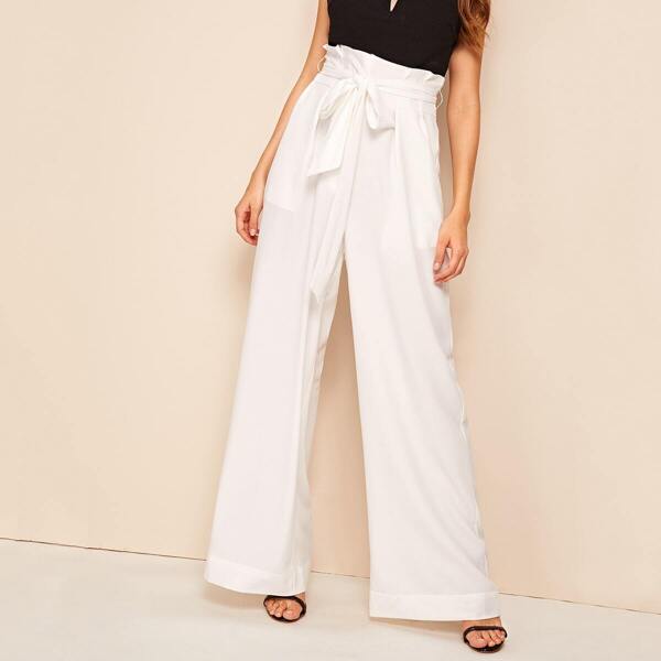 

Belted Paperbag Waist Wide Leg Pants, White