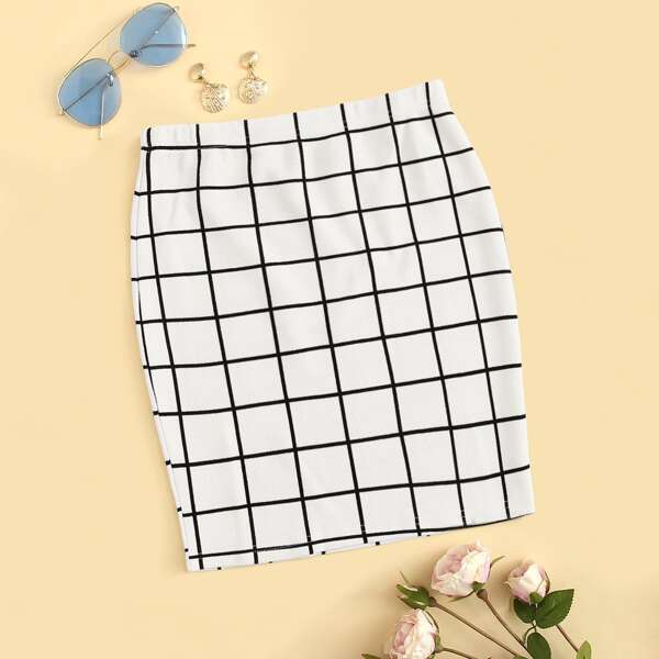 

Elastic Waist Grid Bodycon Skirt