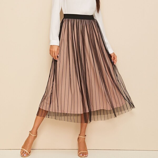 

High Waist Striped Mesh Overlay Skirt