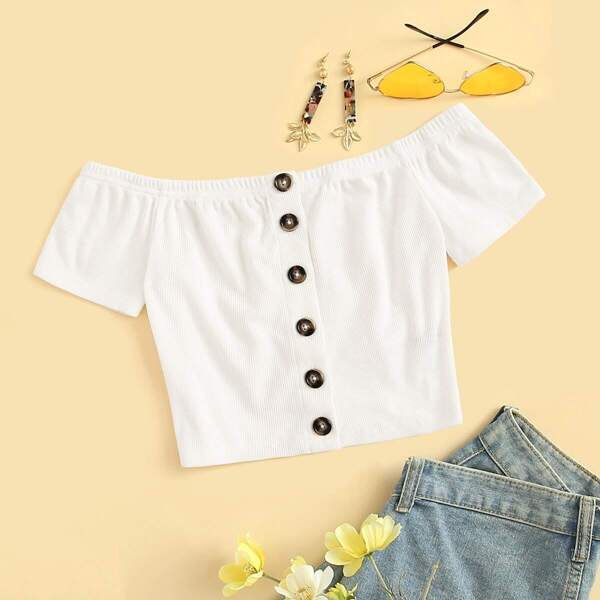 

Off Shoulder Button Front Ribbed Tee