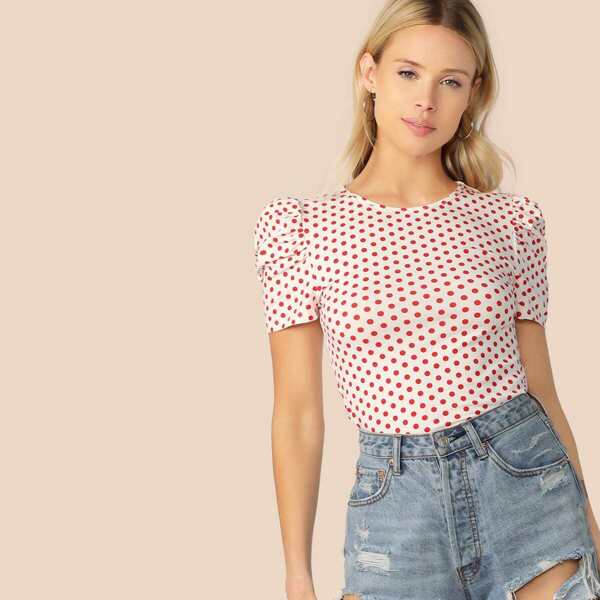 Polka-dot Print Puff Sleeve Form Fitting Tee