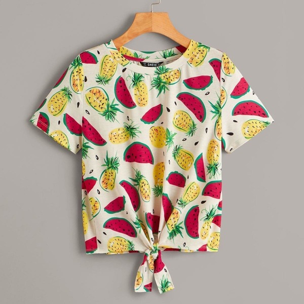 

Random Watermelon & Pineapple Print Knot Front Tee