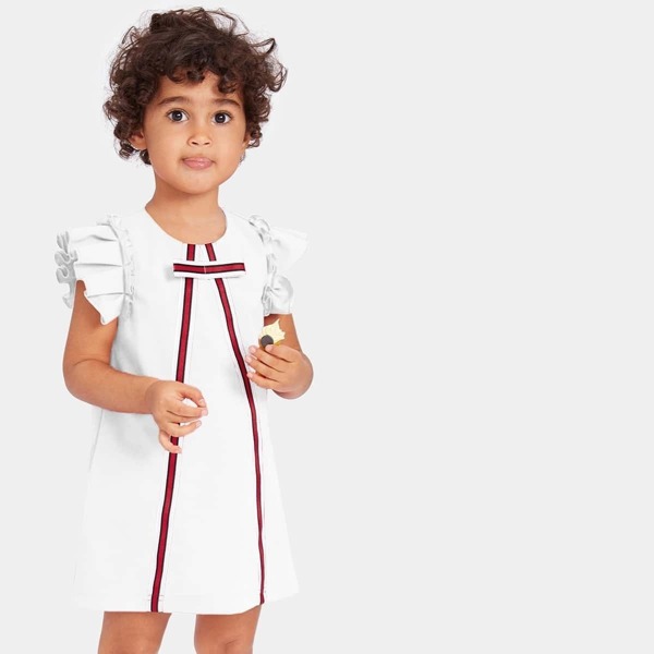 

Toddler Girls Pleated Ruffle Striped Tape Detail Dress