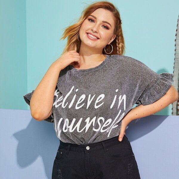 

Plus Slogan Print Ruffle Cuff Glitter Top