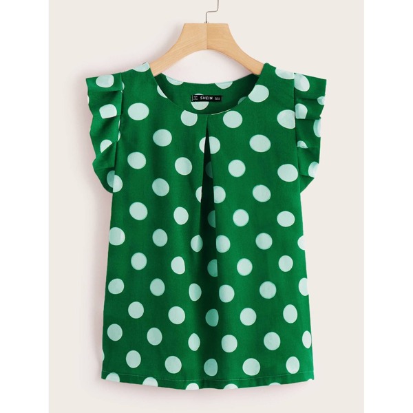 

Ruffle Trim Fold Pleat Polka Dot Top, Green