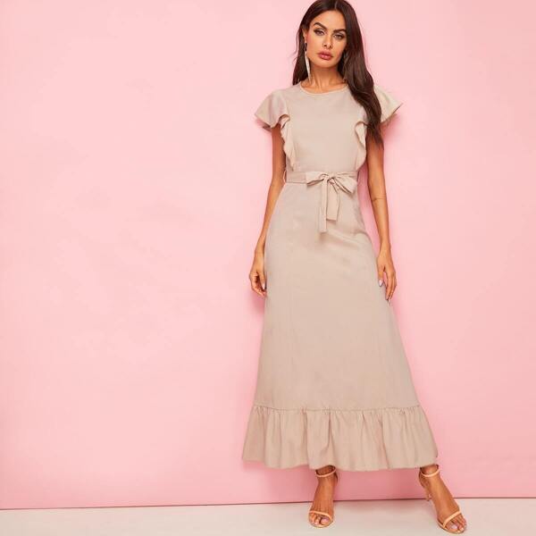 

Solid Ruffle Hem Belted Maxi Dress