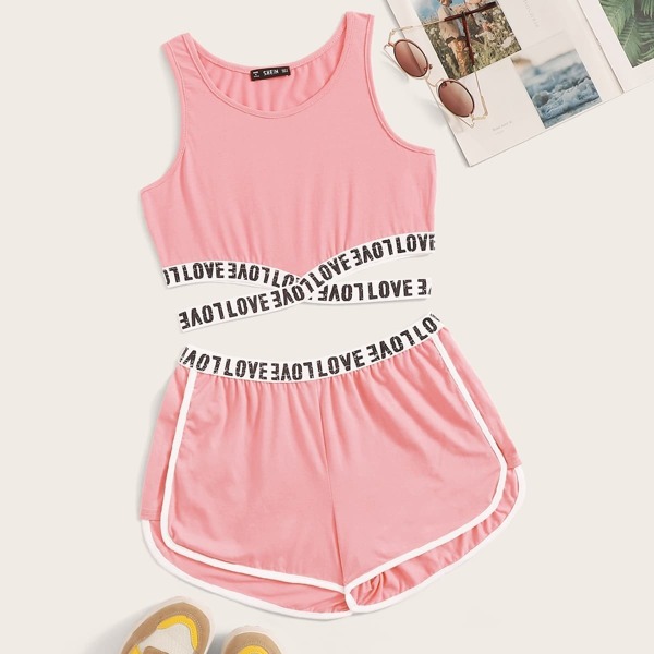 

Crisscross Lettering Tape Trim Tank Top & Shorts Set, Pink