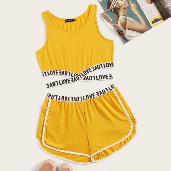 

Letter Tape Crop Tank Top & Dolphin Shorts Set, Yellow