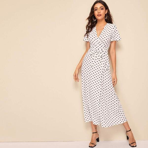 

Polka Dot Print Belted Surplice Dress