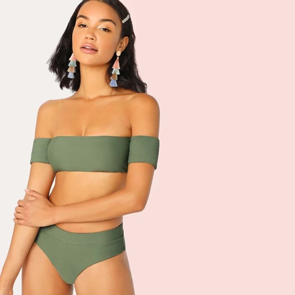 

Short Sleeve Bardot Top With Panty Bikini Set