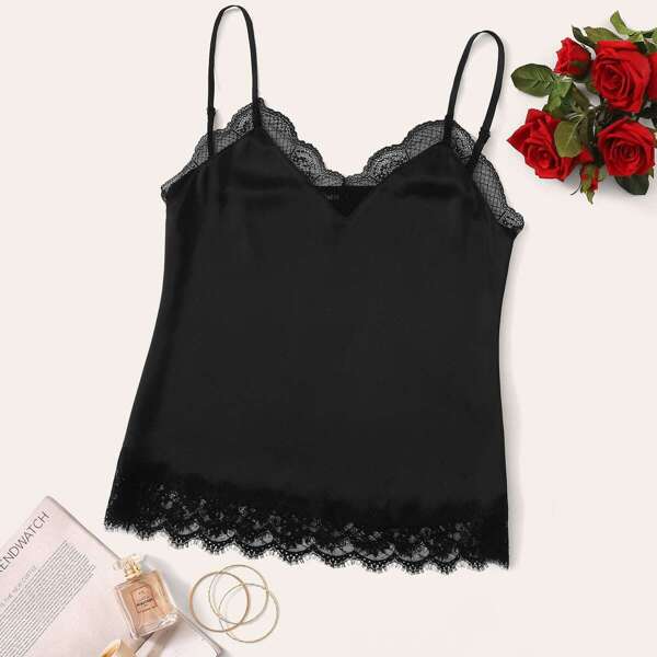 

Plus Eyelash Lace Trim Satin Cami Top, Black