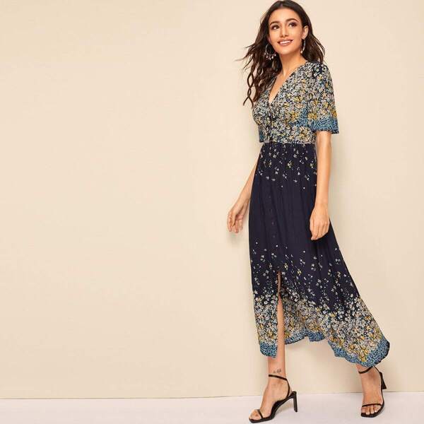 

Plunging Ditsy Floral Print Button Through Dress, Navy