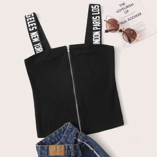 

Zip Up Rib-knit Top With Letter Strap