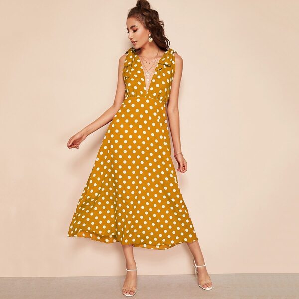 

Self Tie Plunge Neck Polka Dot Dress, Yellow