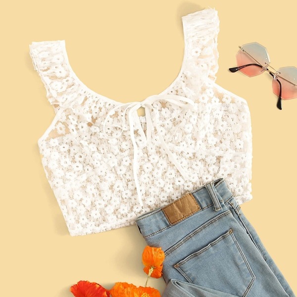 

Knot Front Lace Overlay Ruffle Trim Shirred Top